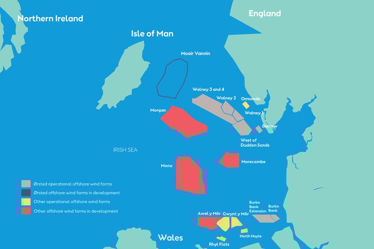 A map of the developed or proposed wind farms in the Irish Sea