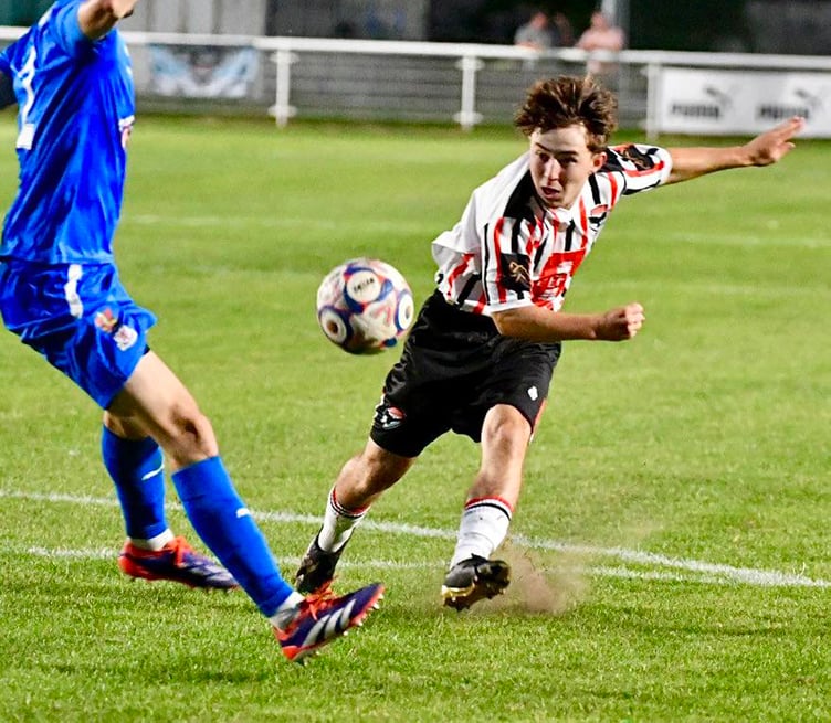 Sporting the club's new third kit, Ellis Dunn in action for FC Isle of Man against Irlam on Tuesday evening (Photo: Mike Shaw)