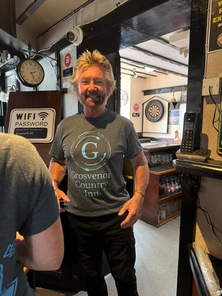 Noel Edmonds visited the Grosvenor Pub in Andreas earlier this week, and even poured a pint!