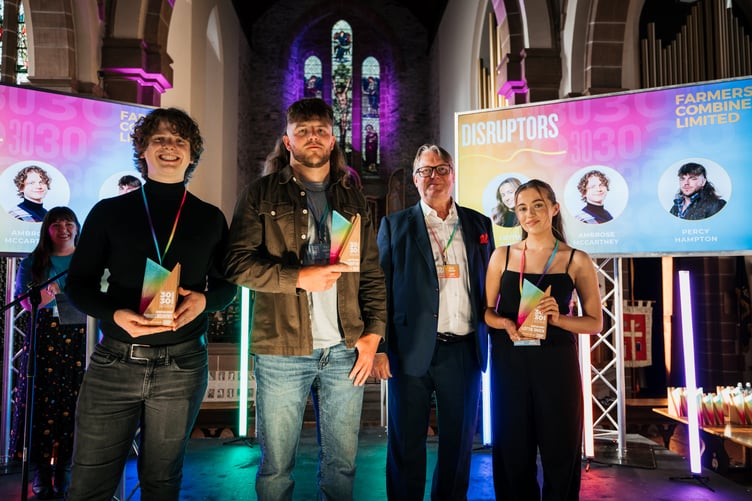 Gef 30 Under 30 2025 Disruptors category winners Ambrose McCartney, Percy Hampton, and Lottie Owen with Mark Corrin of Farmer's Combine