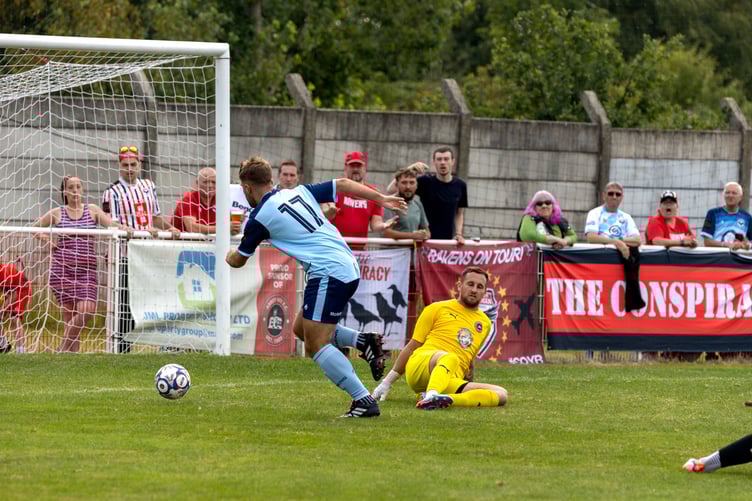 Only moments after coming off the bench, Joe Middleton rounds Abbey Hey goalkeeper Conor Beard to net FC Isle of Man's equaliser in Greater Manchester on Saturday afternoon (Photo: Hannah McHugh)
