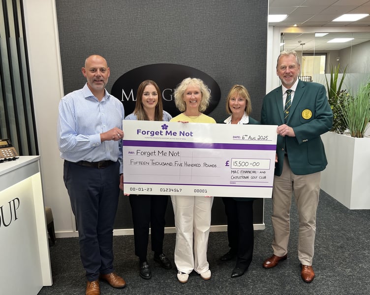 (Left to right): Ed Walter (MAC Financial), Hannah Francis (MAC Group), Gemma Wild (Forget Me Not), Belinda Pilling (Castletown Golf Club lady captain) and Richard Dunn (Castletown Golf Club Captain)