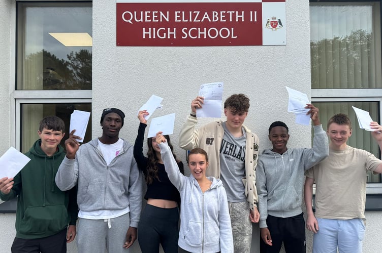 Students at QEII High School in Peel after receiving their GCSE results