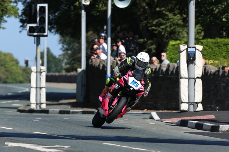 Senior Manx Grand Prix winner Caomhan Canny powers his way through St Ninian's on his way to a dramatic victory in the four-lap race (Photo: Callum Staley/CJS Photography)