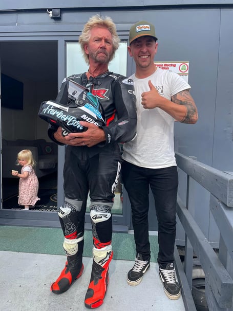 TV star Noel Edmonds, kitted out in borrowed leathers from TT and Classic TT rider Dom Herbertson, took a spin in a sidecar at Jurby