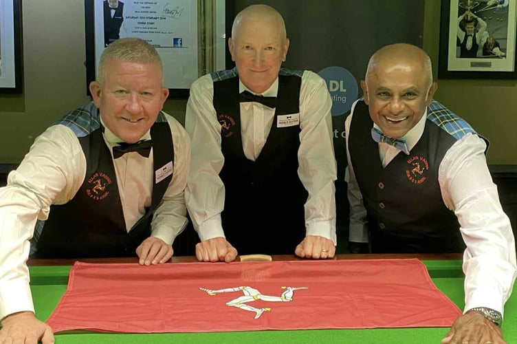 The Isle of Man billiards team of (left to right) Paul Smyth, Mike Crook and Chenji Ratnavel