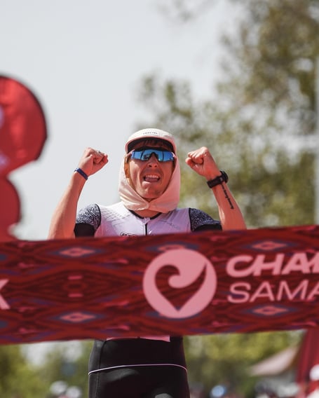 Will Draper celebrates as he crosses the line in Uzbekistan at the weekend 