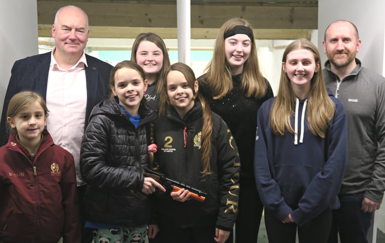 Pictured at a training session with the new air pistol are several  Isle of Man Airgun Association junior members, alongside Kuba Szymanski of Ramsey Shipping Services (back left) and Nathan Holden (far right)