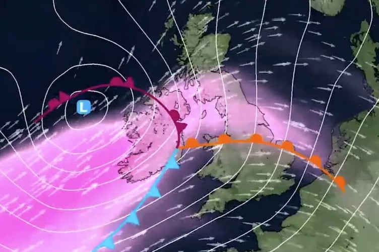 A weather map published by the UK Met Office shows the predicted course of Storm Amy
