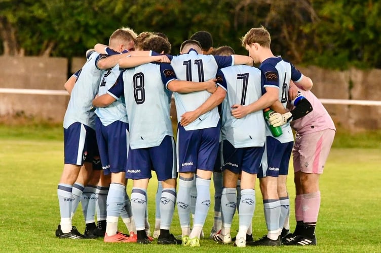 FC Isle of Man's pre-game huddle ahead of Tuesday evening's game at Cheadle Town (Photo: Mike Shaw)