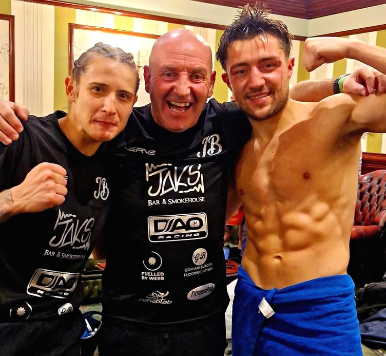 Isle of Man professional boxers Jade 'The Grenade' Burden and Jamie Devine celebrate with Manx ABC coach Peter Roberts after their victories at Blackpool's Winter Gardens last weekend