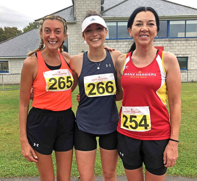 The top three women in the Isle of Man Track 10km Race Walking Championships at the NSC last weekend. Overall winner Erika Lockley is flanked by second-placed Rachael Greham (left) and third-placed Jayne Farquhar (Photo: Steve Partington)