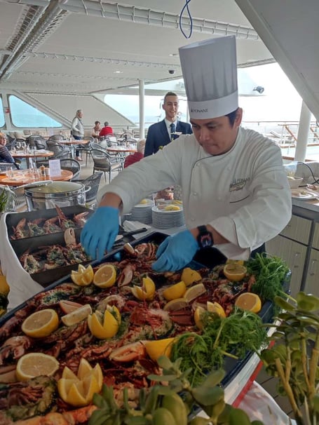 Chefs onboard cruise ship Le Bellot working their magic with  fresh, native Manx lobster