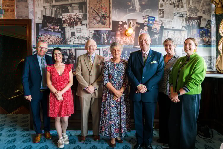 Left to right: Paul Craine, Sarah Maltby, Mervin Stokes, Lieutenant Governor Sir John Lorimer, Lady Lorimer, Education Minister Daphne Caine and Head of Culture and Arts Sarah Wilson-White