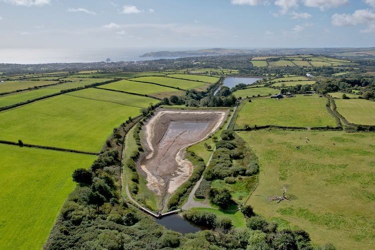 Drone footage of the drained Clypse Reservoir in Onchan
