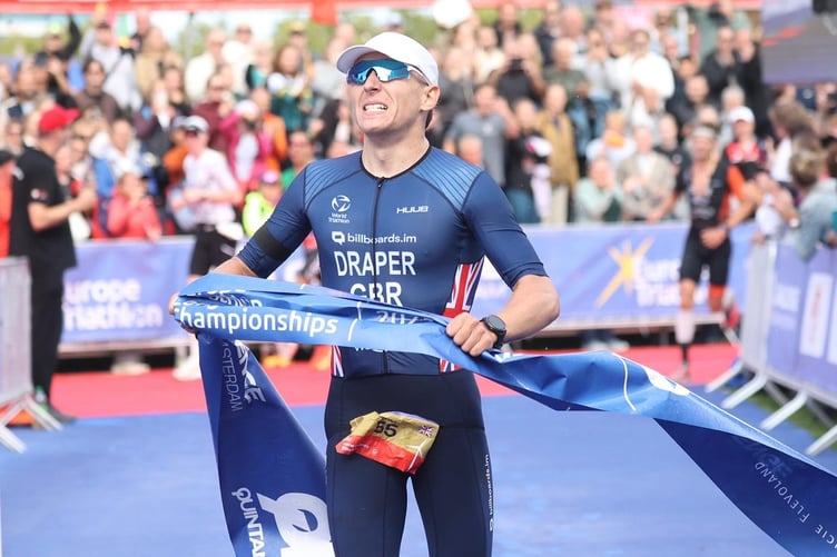 Will Draper crosses the line after winning the European Triathlon Long Course Championships in the Netherlands over the weekend (Photo: Challenge Family)