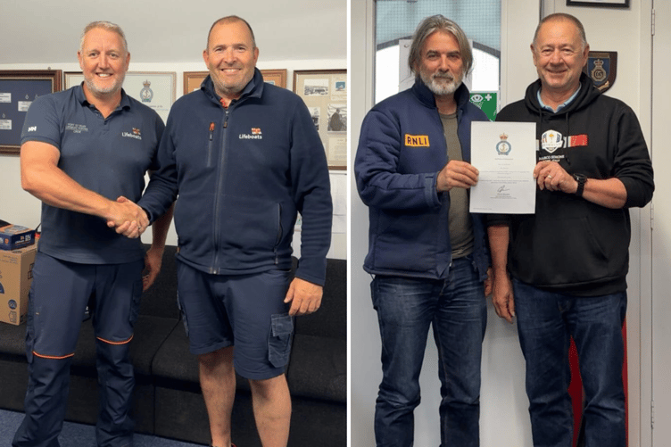 Left, Rob Marshall new Coxswain and Hugh Davies Coastal Lifeboat Trainer. Right, Juan Maddrell and Alan Teare