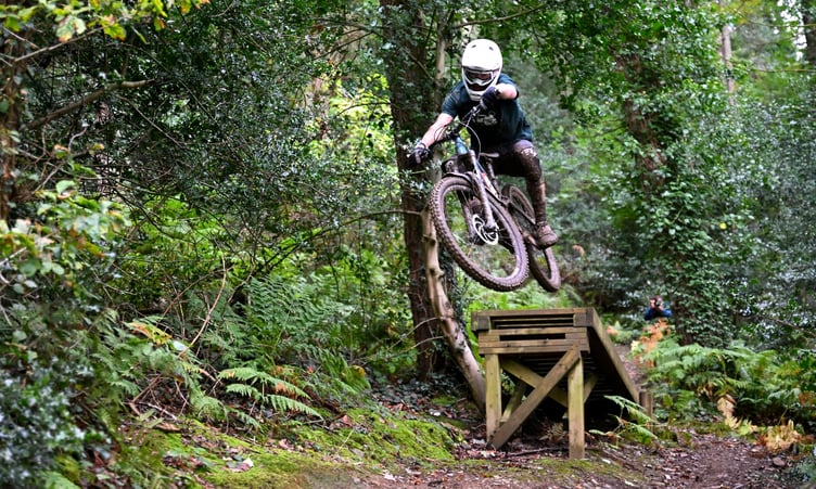 Harry Corrin gets airborne over a jump on his way to claiming a maiden championship title in the latest round of the 2025 Manx MTB Enduro Series last weekend (Photo: Giles Morris)