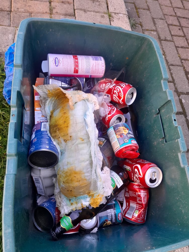 The used nappy left in a recycling bin in Douglas
