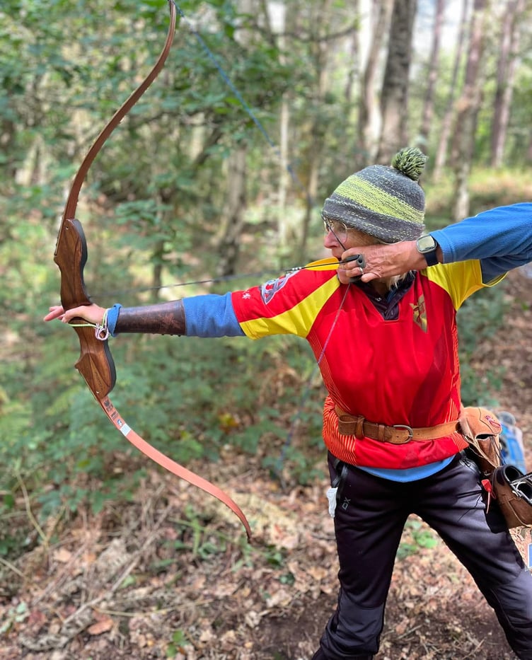 Lesley Sleight in action on her way to winning a silver medal at the National Field Archery Society (NFAS) National Championships