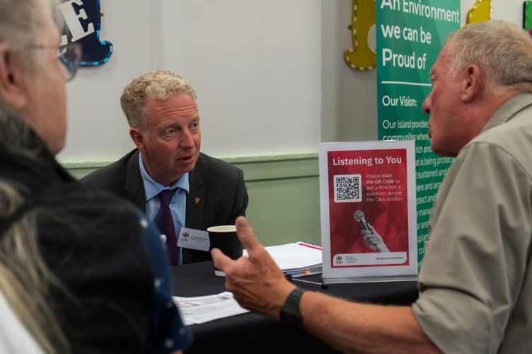 Treasury Minister Dr Alex Allinson at the 'Listening to You' CoMin roadshow at Ramsey Grammar School