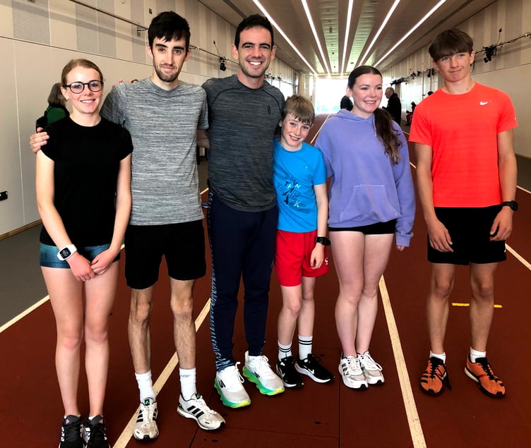 Manx walkers at the inaugural Bosworth Mile at Leeds Beckett University pictured with Spain's Diego Garcia (third from left) who recently finished eighth in the 20km walk at the 2025 World Championships in Tokyo (Photo: Steve Partington)