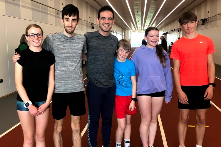 Manx walkers at the inaugural Bosworth Mile at Leeds Beckett University pictured with Spain's Diego Garcia (third from left) who recently finished eighth in the 20km walk at the 2025 World Championships in Tokyo (Photo: Steve Partington)