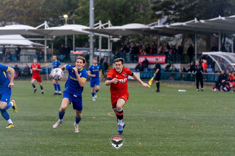 FC Isle of Man goalscorer Ste Whitley in action against Barnoldswick Town on Saturday evening (Photo: Hannah McHugh)