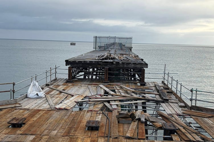 Dislodged scaffolding planks on Queen's Pier dislodged by Storm Amy