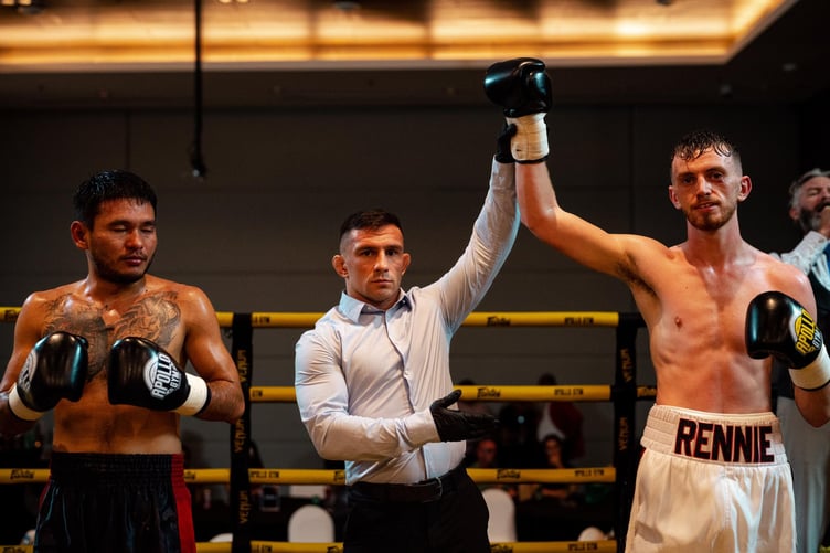 Sam Rennie has his armed lifted after his points victory in Thailand on Saturday