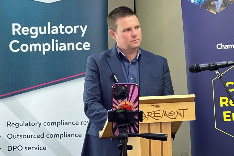 The FSA's head of enforcement Matt Touzel addresses MoneyVal update event at Claremont Hotel