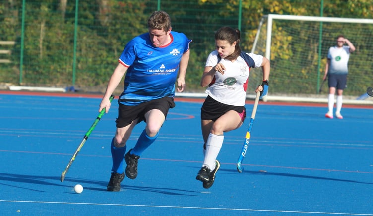 Valkyrs C's Chris Thomas - seen here being chased by Bacchas C's Zoe Bridson - starred for his side with a four-goal haul last Saturday to earn his place in Team of the Week (Photo: Dave Norton)