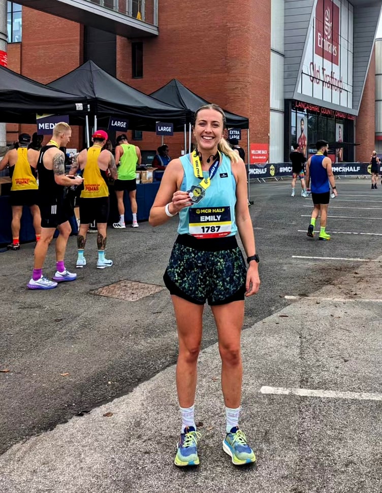 Emily Mylchreest is all smiles at the finish at Old Trafford Cricket Ground after smashing her personal best in last weekend's Manchester Half Marathon
