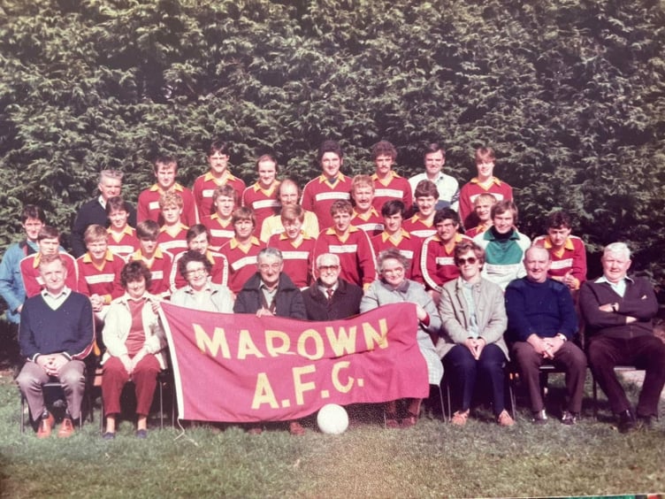 Marown AFC in 1984/85. Derek 'Decca' Corkill is five in from the left on the third row down.