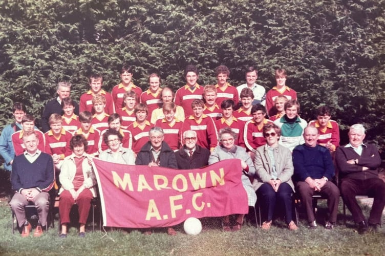 Marown AFC in 1984/85. Derek 'Decca' Corkill is five in from the left on the third row down.