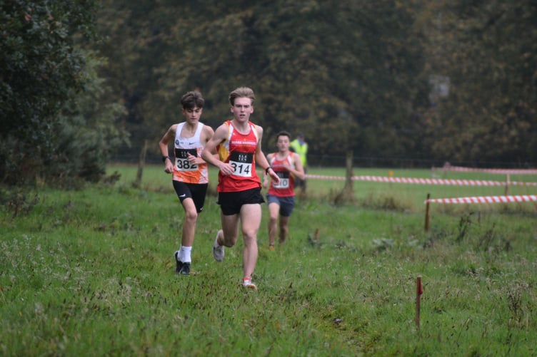 Ryan Corrin leads under-17 Max Hammal in the opening stages of Sunday afternoon's first round of the Group Eleven Cross-Country League. Corrin was impressive form at a soggy Port-e-Chee winning the senior men's race by nearly two minutes from Chris Killey. Hammal was first home in the slightly shorter under-17 race. Full report and more photos in Thursday's Manx Independent (Photo: Andy Dalrymple)