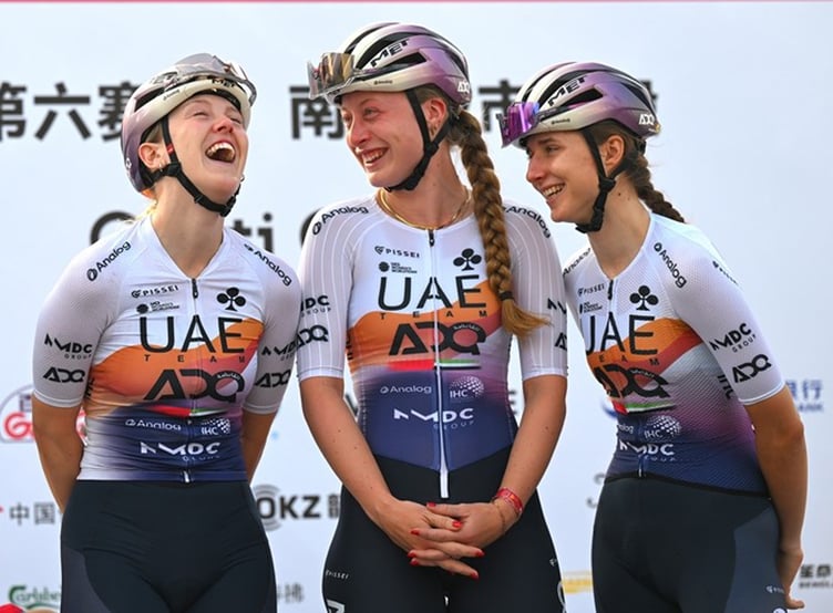 Despite it being an emotional day, Lizzie Holden (left) was in fine fettle when interviewed on stage at the Women’s Tour of Guangxi one-day race on Sunday, which was the final race of her professional career (Photo: UAE Team ADQ)