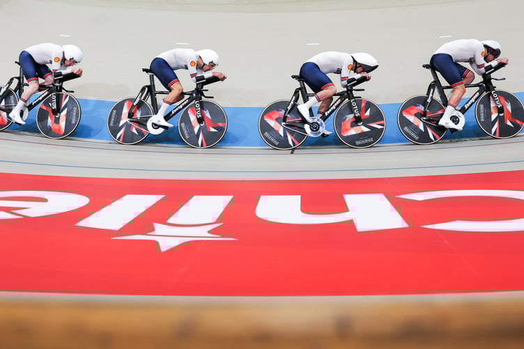 Matthew Bostock (far left) in action for Great Britain during men's team pursuit qualifying at this week's UCI Track World Championships in Santiago, Chile (Photo: Alex Whitehead/SWpix.com)