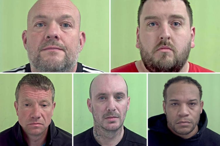 Drug gang jailed for a total of 32 years with (clockwise) Robin Leigh, Liam Bradley, Wesley Maddix, John O'Neill and Ryan White