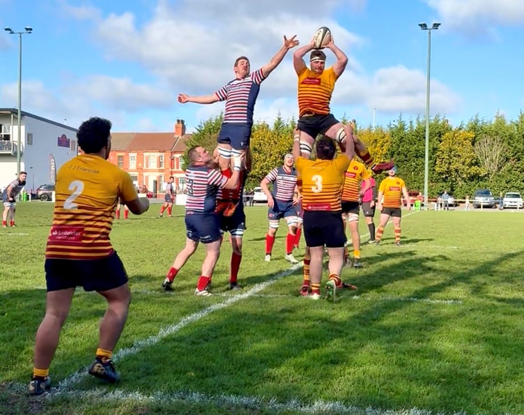 Harry Cartwright catches a lineout for Douglas during the Manx side's impressive victory on the road at Birkenhead Park on Saturday (Photo:  Noel O'Reilly)