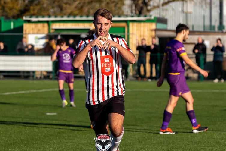 Joe Middleton celebrates opening the scoring for FC Isle of Man against City of Liverpool on Saturday afternoon (Photo: Hannah McHugh)