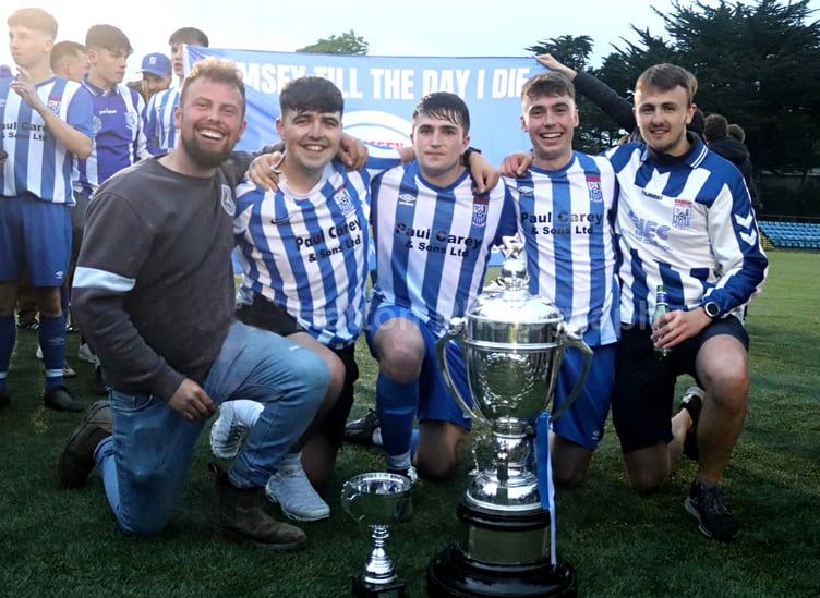 Ramsey Football Club member Harry Gillings (far left) who has sadly passed away. He's pictured after the club's triumph in the Hospital Cup final last year alongside (left to right) Carlo Craig, Ryan Kinrade, Dylan Pickles and Roan Gell (Photo: Paul Hatton)