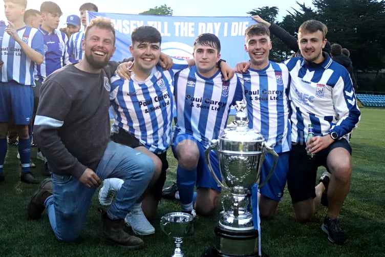 Ramsey Football Club member Harry Gillings (far left) who has sadly passed away. He's pictured after the club's triumph in the Hospital Cup final last year alongside (left to right) Carlo Craig, Ryan Kinrade, Dylan Pickles and Roan Gell (Photo: Paul Hatton)