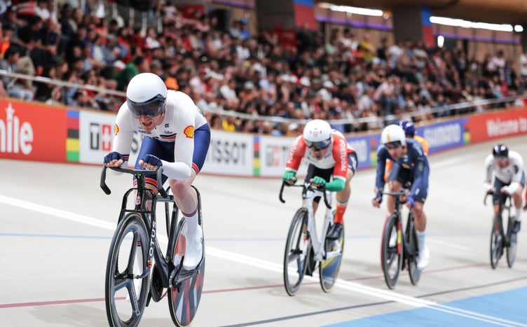Isle of Man cyclist Matthew Bostock leads a group of riders during the elimination race in the men's omnium at the UCI Track World Championships in Santiago, Chile over the weekend (Photo: Alex Whitehead/SWpix.com)