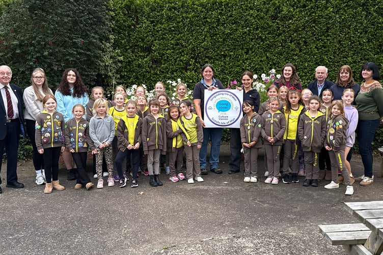 5th Douglas Brownies with their leaders and representatives from Culture Vannin and the Douglas Rotary Club
