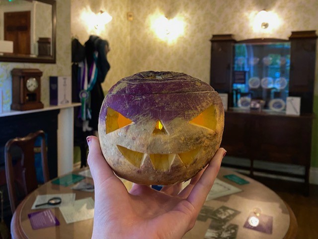A carved turnip inside the Pankhurst Centre in Manchester