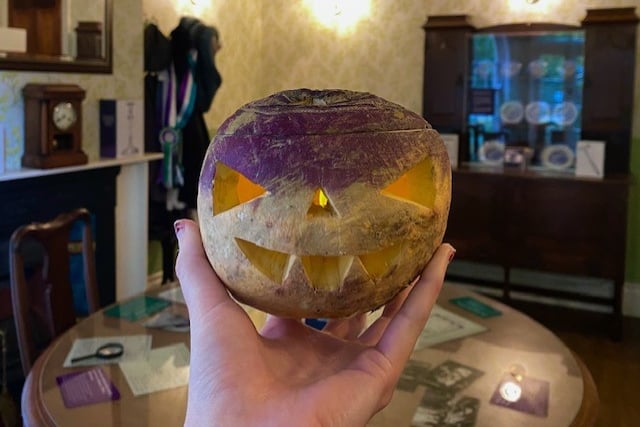 A carved turnip inside the Pankhurst Centre in Manchester