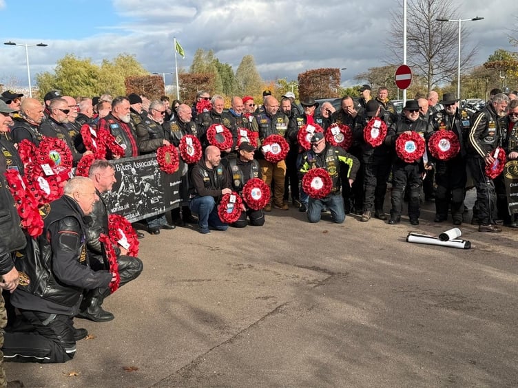Some of the 250 masonic bikers who brought 48 wreaths to the National Memorial Arboretum. The wreaths will be laid at a special ceremony on Saturday. Gary Wilson is behind the banner (left) with the Manx wreath