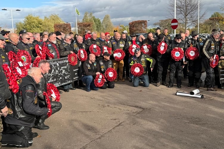 Some of the 250 masonic bikers who brought 48 wreaths to the National Memorial Arboretum. The wreaths will be laid at a special ceremony on Saturday. Gary Wilson is behind the banner (left) with the Manx wreath