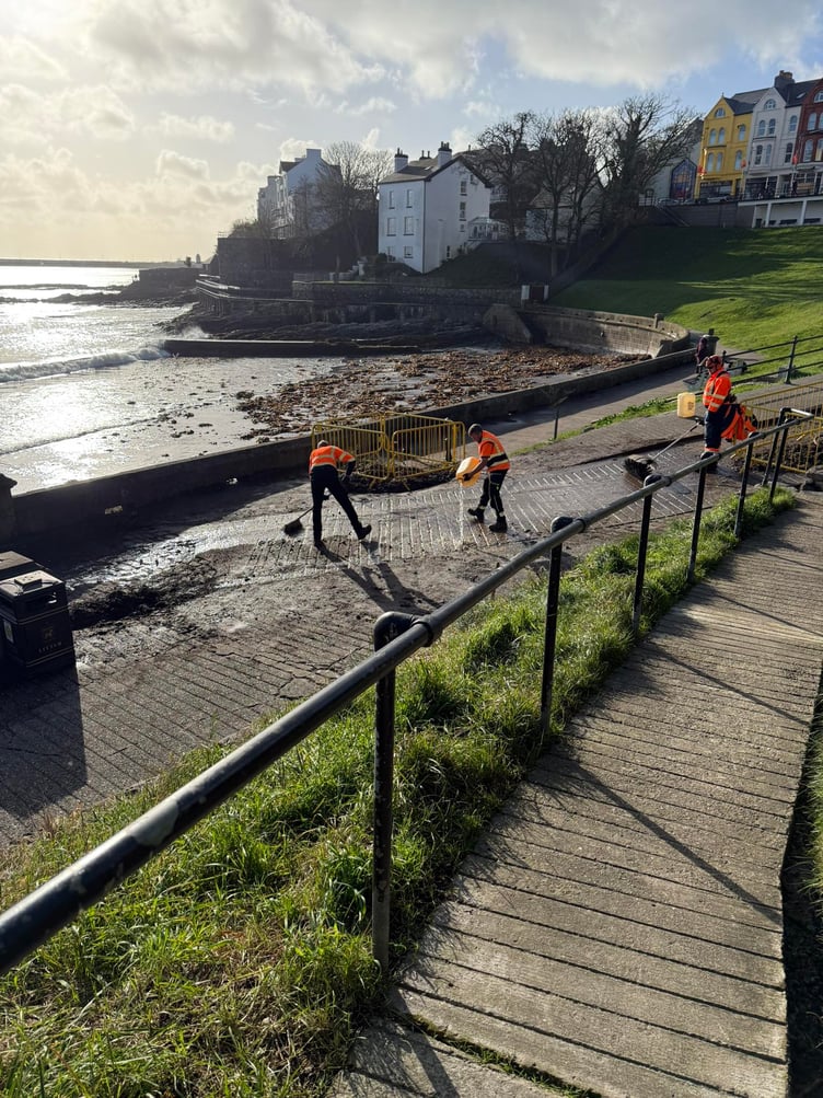 Staff working on the landslip in Port St Mary